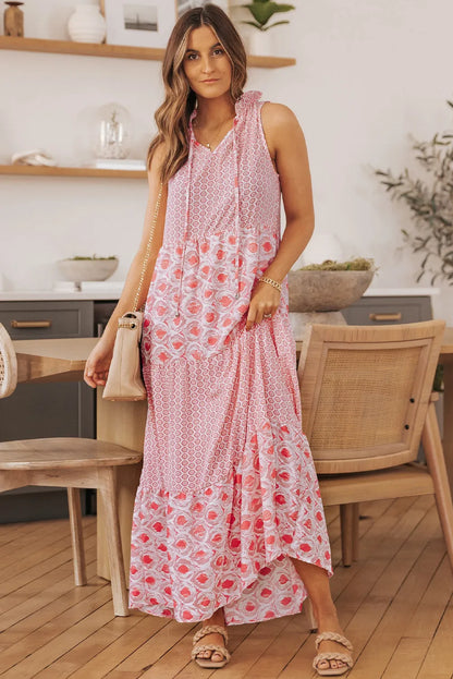 Pink Abstract Print Split Neck Sleeveless Maxi Dress - Chic Meadow Boutique 