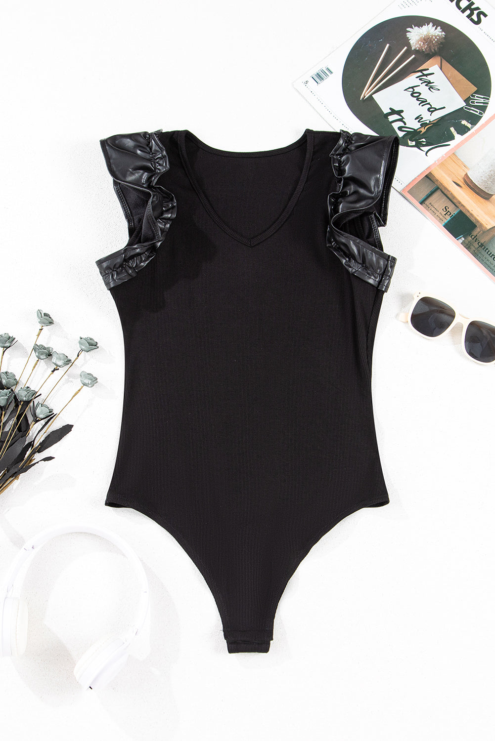 Black Leatherette Ruffle Patchwork Ribbed V Neck Bodysuit