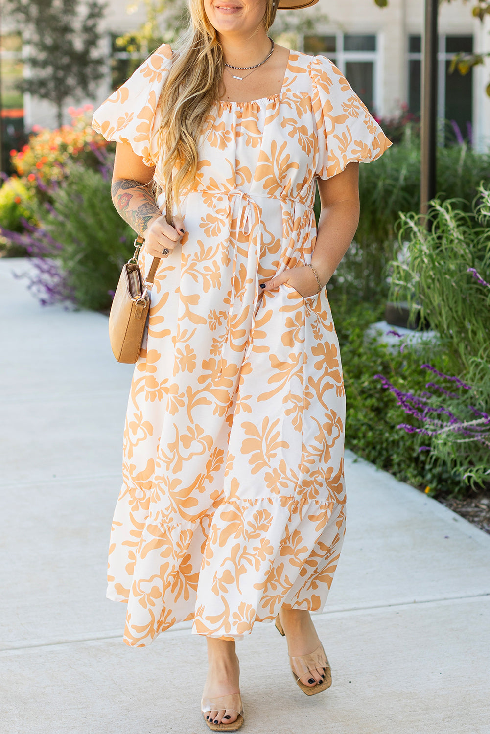 Apricot Floral Print Puff Short Sleeve Resort Plus Size Maxi Dress