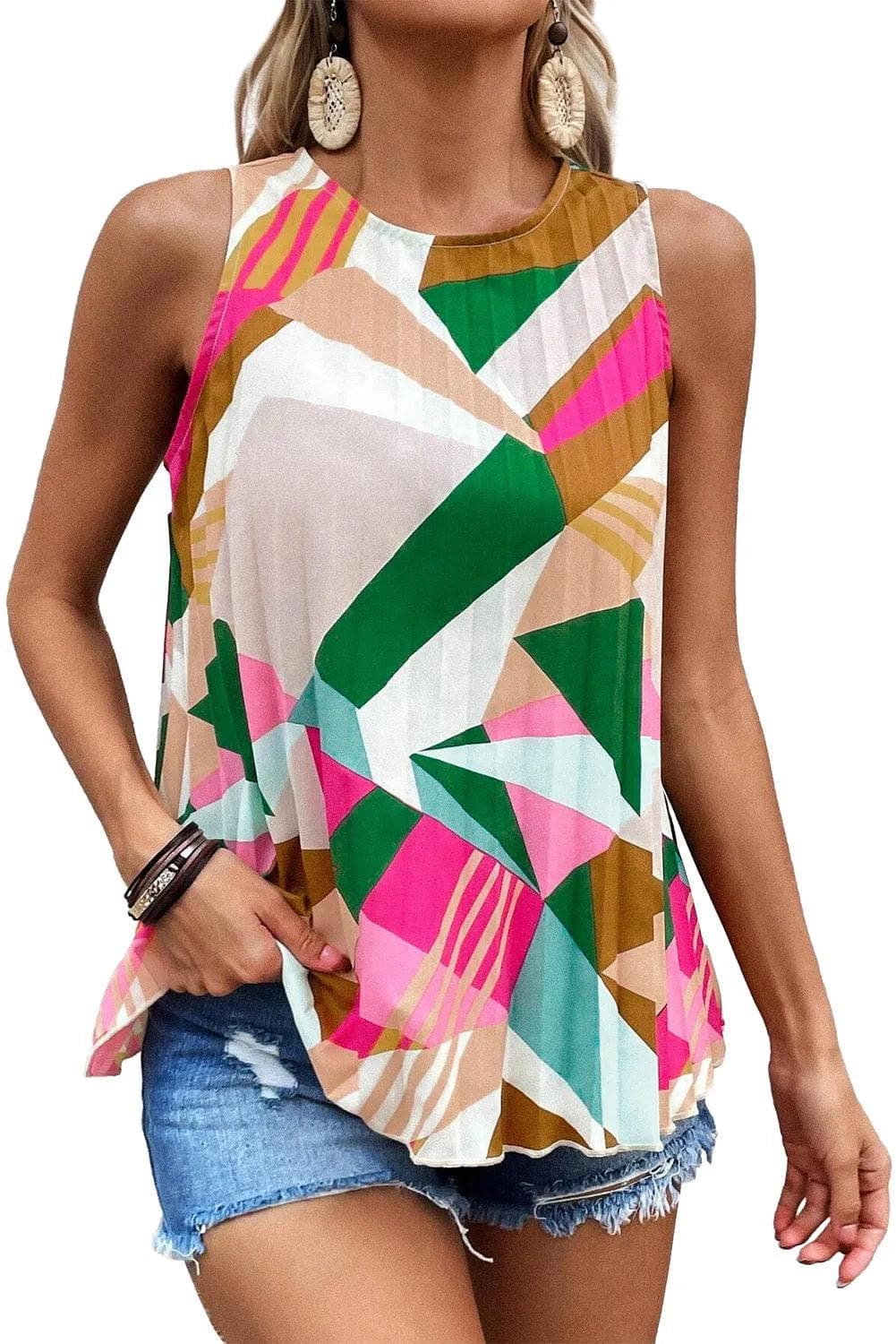 Tops/Tank Tops Multicolour Geometric Printed Pleated Shift Tank Top