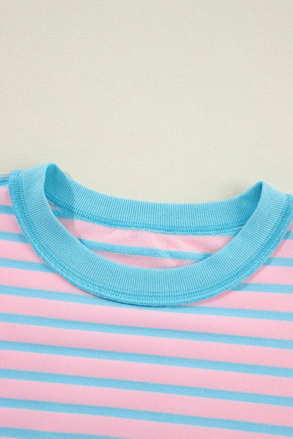 Pink Stripe Contrast Trim High Low Pullover Tunic Sweatshirt - Chic Meadow Boutique 