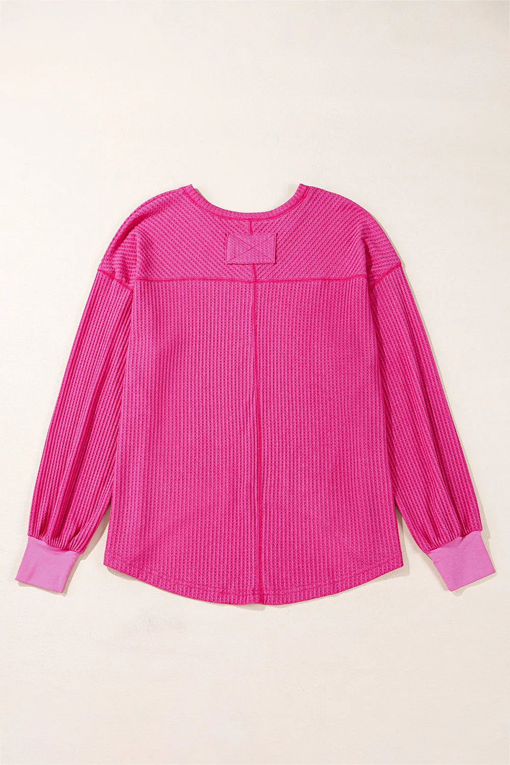 Bright Pink Waffle V Neck Long Sleeve Drop Shoulder Loose Blouse - Chic Meadow Boutique 