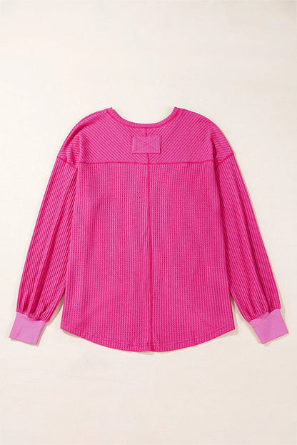 Bright Pink Waffle V Neck Long Sleeve Drop Shoulder Loose Blouse - Chic Meadow Boutique 