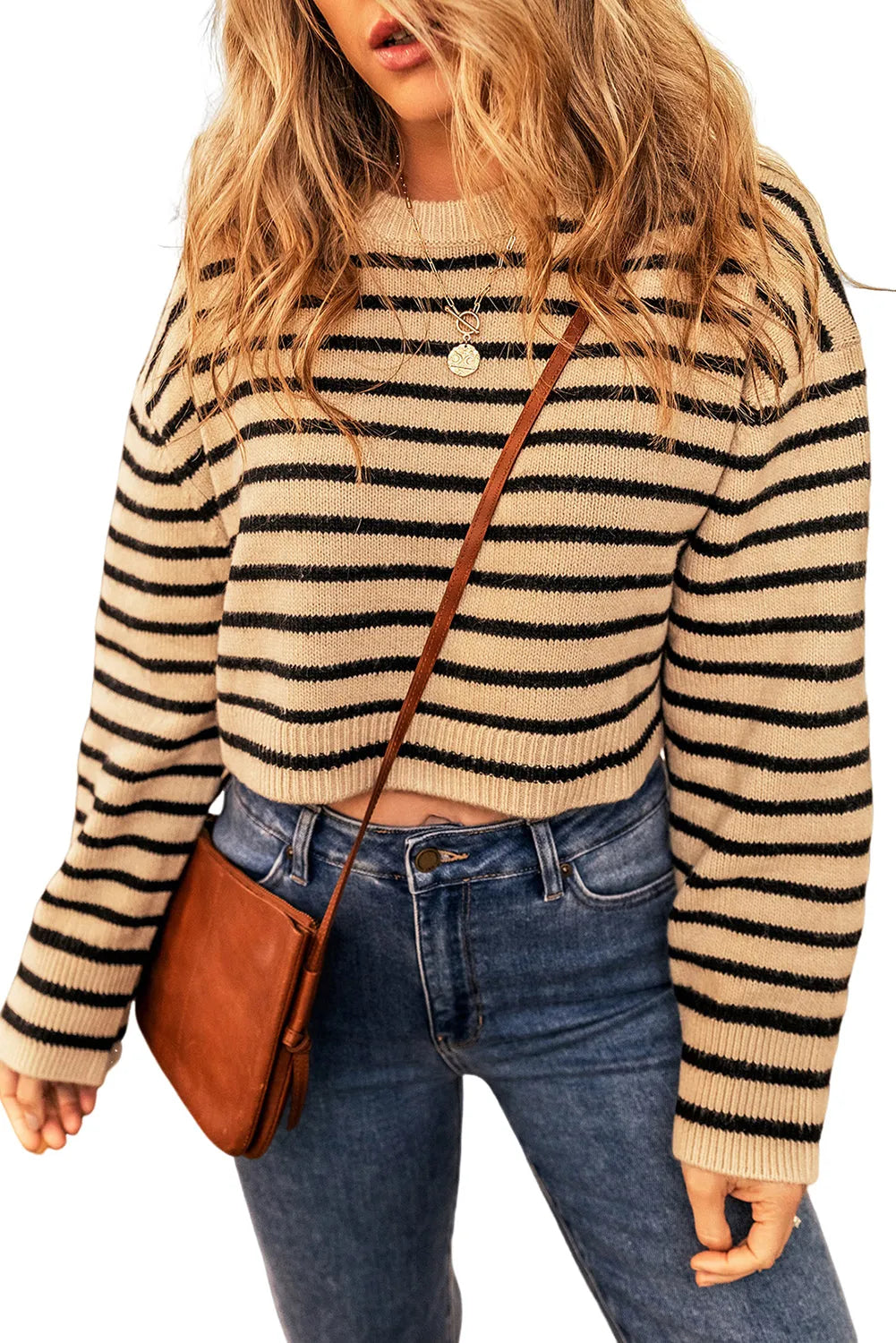 Light French Beige Striped Knit Drop Shoulder Crewneck Cropped Sweater - Chic Meadow Boutique 