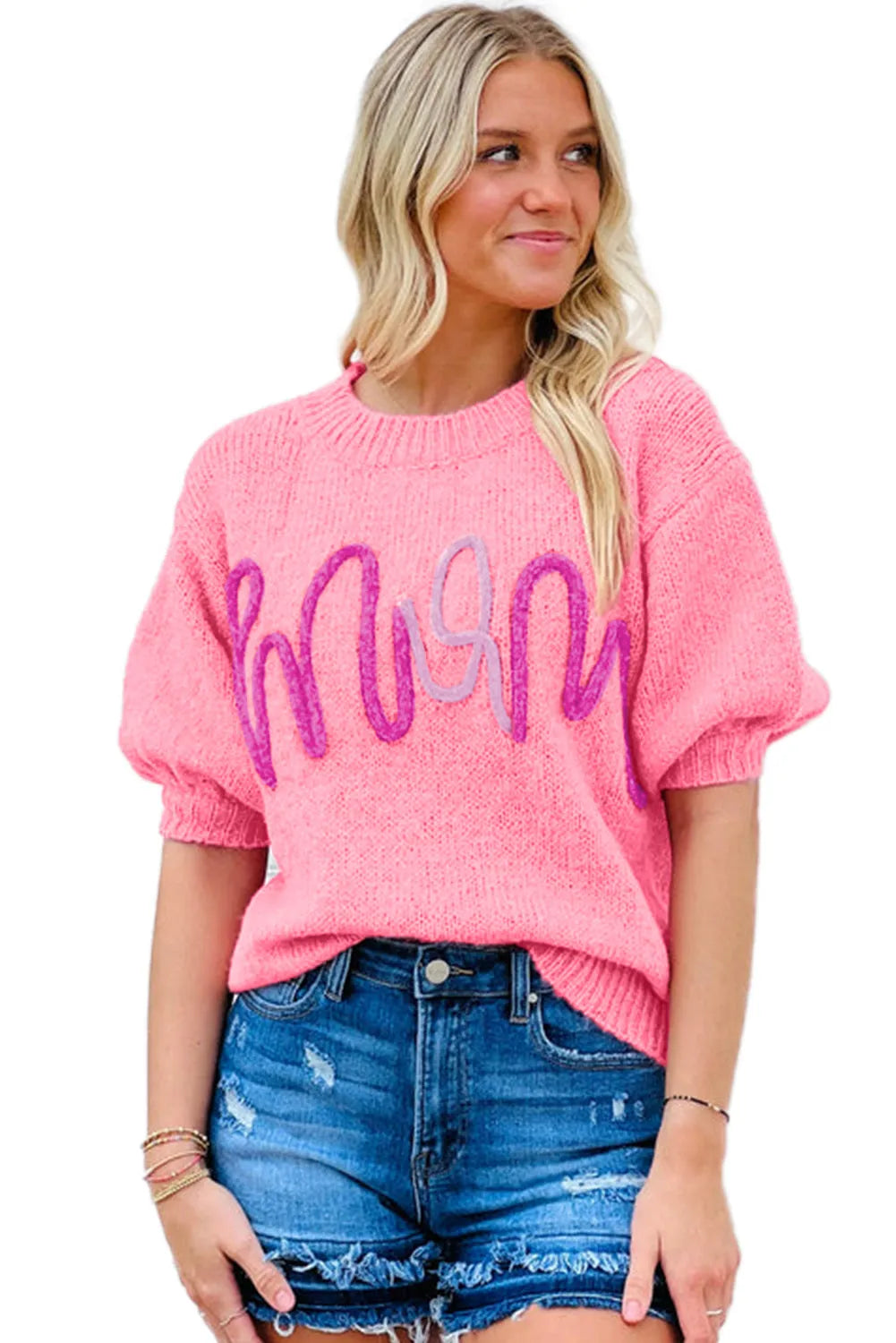 Bonbon Mom Tinsel Front Short Sleeve Sweater - Chic Meadow Boutique 