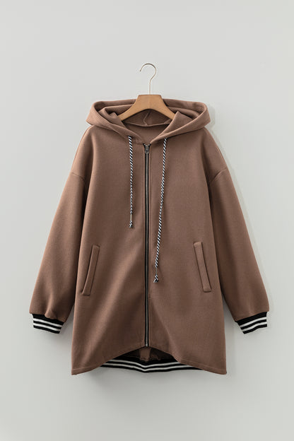 Dark Khaki Contrast Cuffed Drop Shoulder Zip up Tunic Hoodie