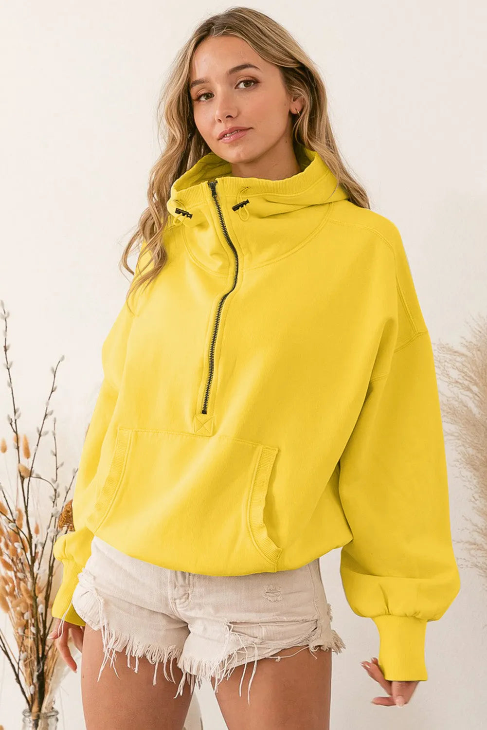 Yellow Ribbed Trim Kangaroo Pocket Zipped Hoodie - Chic Meadow Boutique 