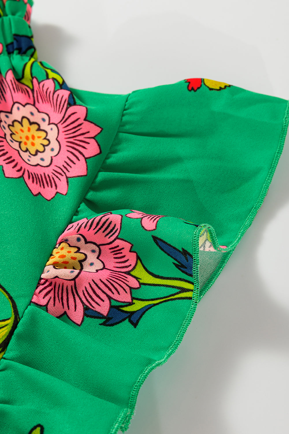 Green Floral Print Flutter Sleeve Frilly Neck Blouse