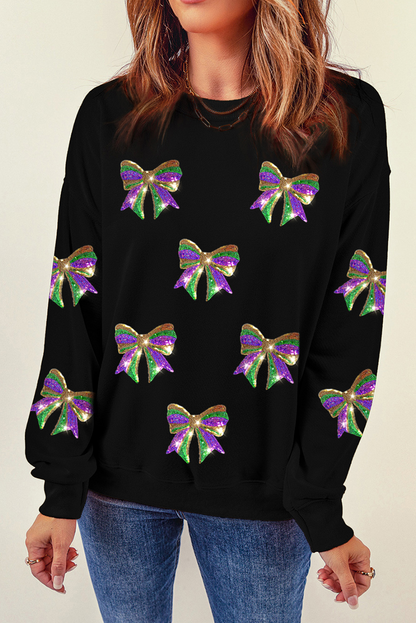 Black Sequin Mardi Gras Bow Graphic Drop Shoulder Pullover Sweatshirt