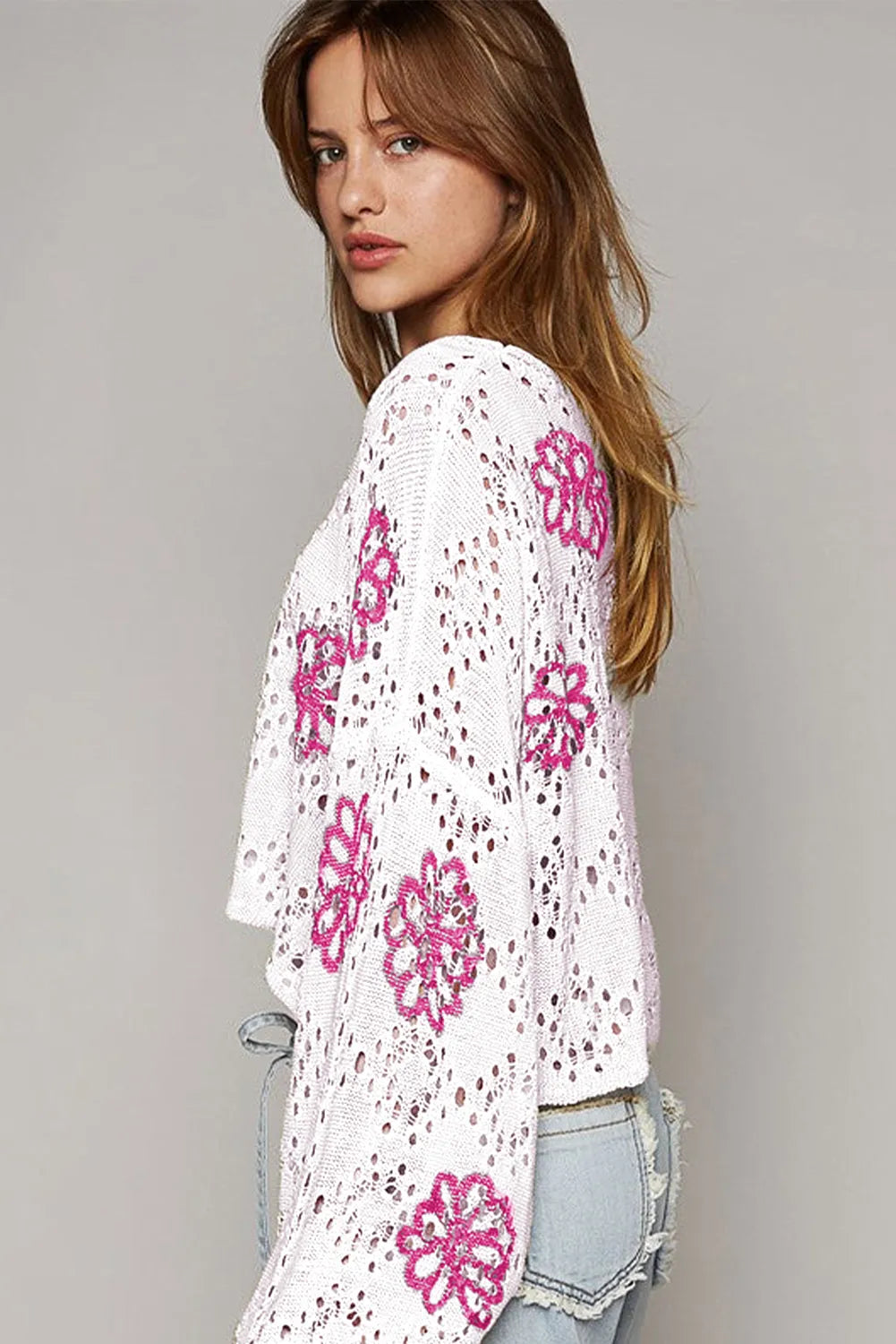 White Contrast Flower Print Eyelet Drop Shoulder Sweater - Chic Meadow Boutique 