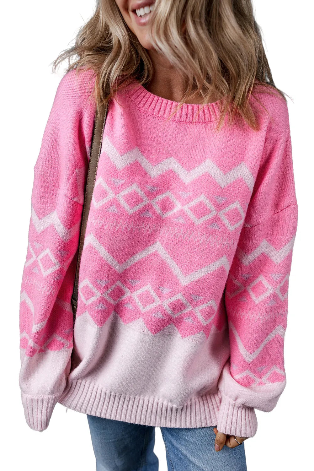 Pink Western Aztec Geometric Drop Shoulder Sweater - Chic Meadow Boutique 