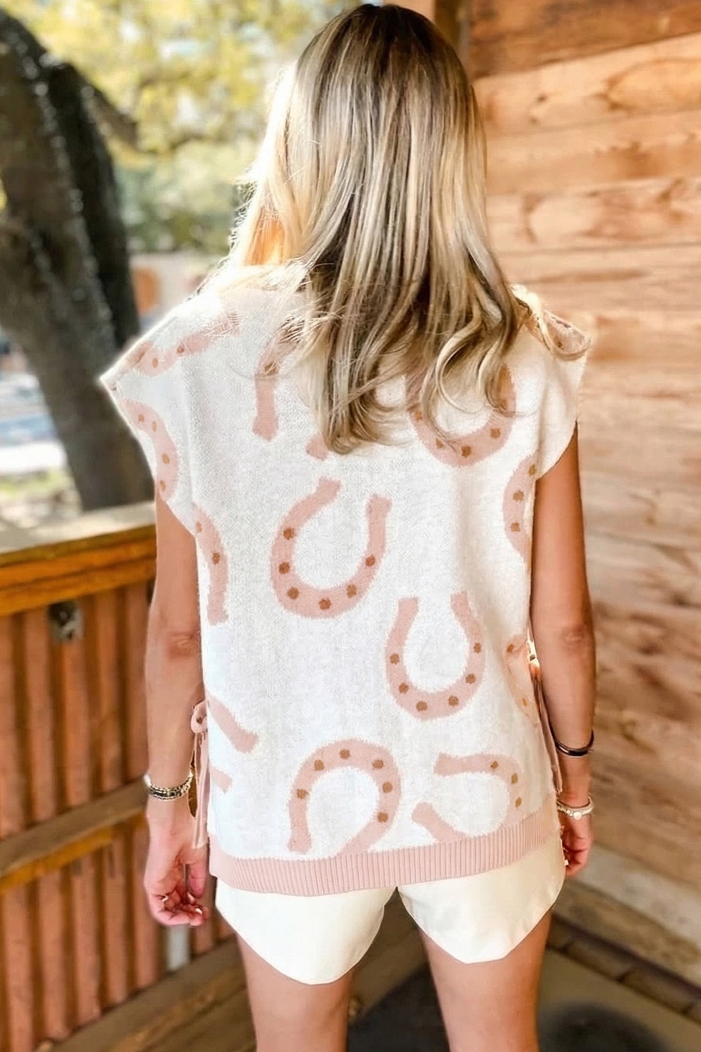 Beige Horse Shoe Western Print Tied Side Cap Sleeve Knitted T Shirt