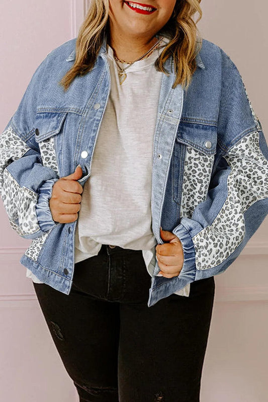 Plus Size/Plus Size Outerwear Beau Blue / 1X / 75%Cotton+25%Polyester Beau Blue Leopard Patchwork Flap Detail Plus Size Denim Jacket