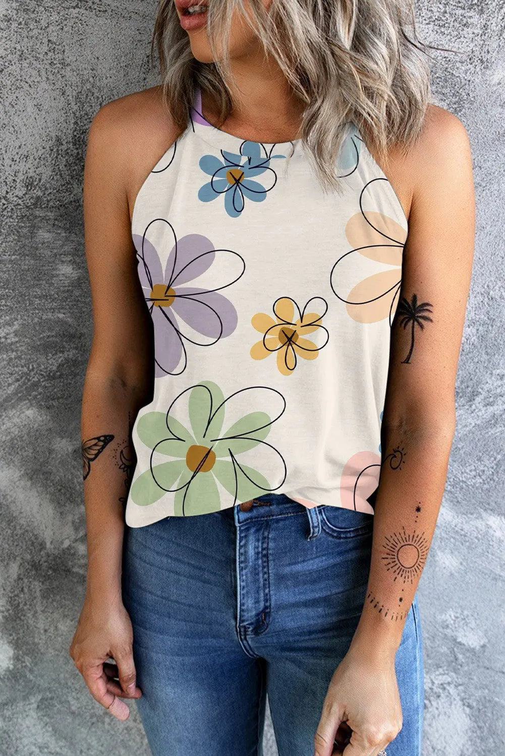 Beige Sweet Floral Tank Top - Chic Meadow Boutique 