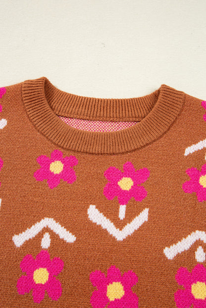 Brown Floral Short Puff Sleeve Sweater