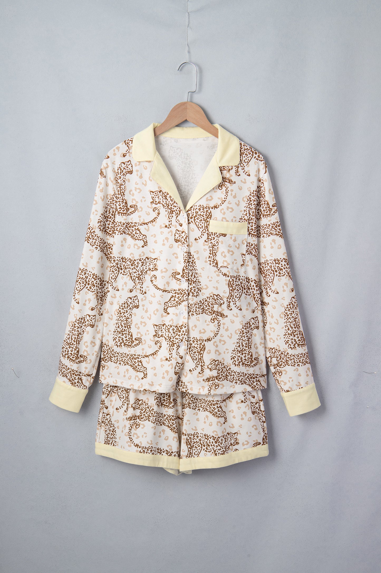 Yellow Leopard Print Colorblock Pocket Placket Long Sleeve Lounge Set