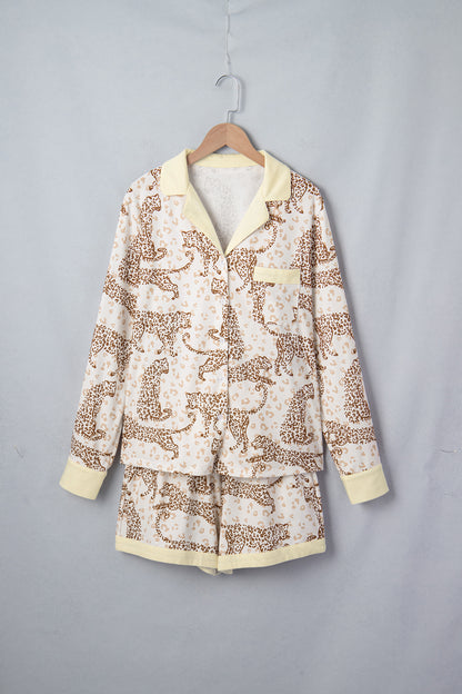 Yellow Leopard Print Colorblock Pocket Placket Long Sleeve Lounge Set