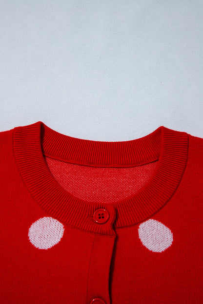 Fiery Red Casual Polka Dot Button Front Long Sleeve Sweater Cardigan
