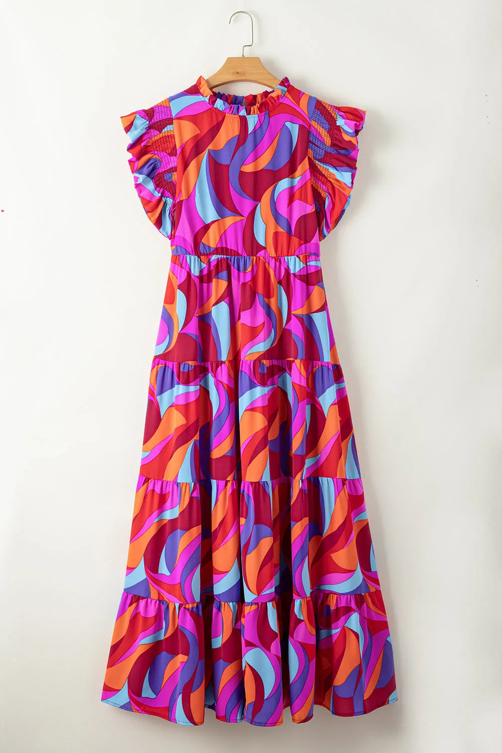 Orange Abstract Printed High Waist Ruffle Tiered Long Dress - Chic Meadow Boutique 