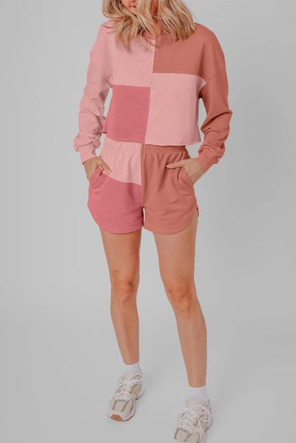 Peach Blossom Colorblock Patchwork Long Sleeve Shorts Outfit - Chic Meadow Boutique 