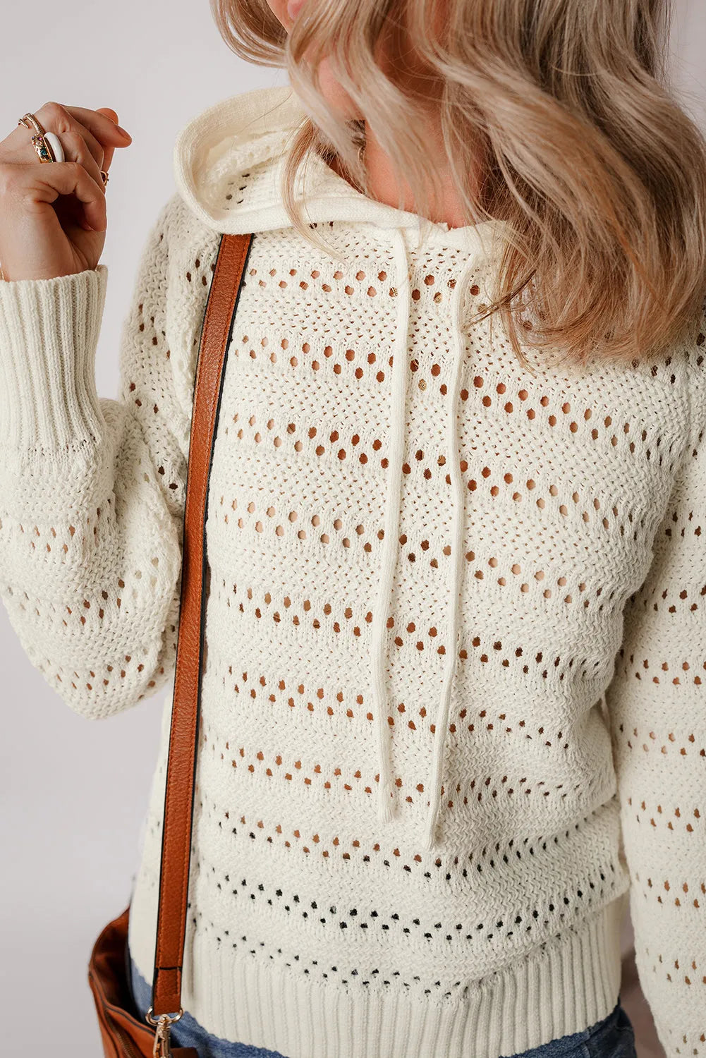 White Pointelle Knit Raglan Sleeve Hooded Sweater - Chic Meadow Boutique 