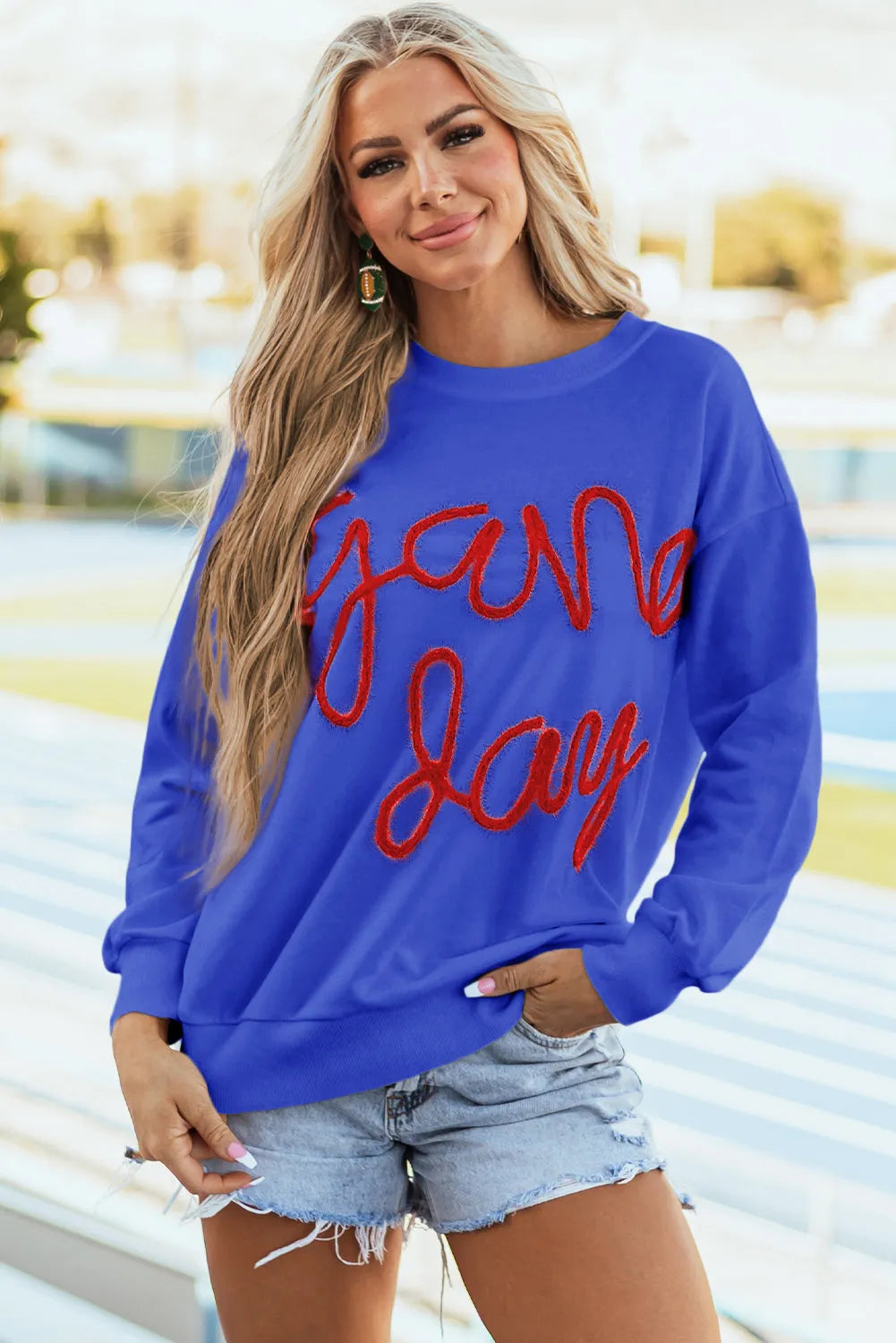 Dark Blue Tinsel Game Day Drop Shoulder Graphic Sweatshirt - Chic Meadow Boutique 