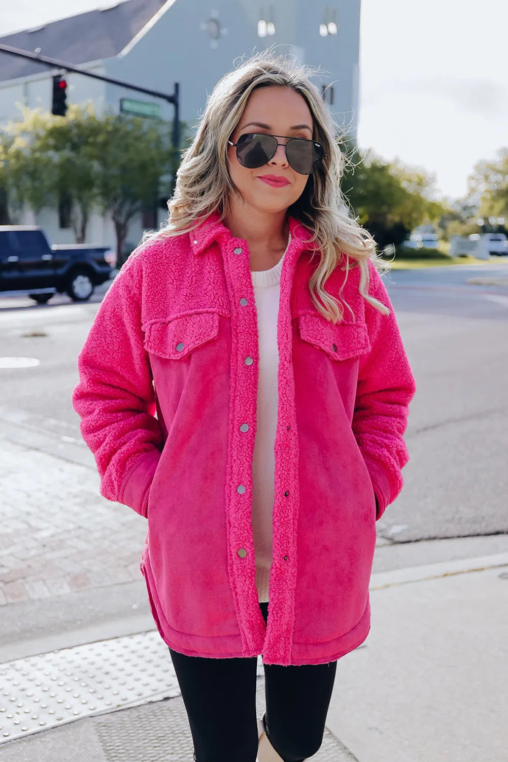 Bright Pink Faux Suede Sherpa Patchwork Button-up Shacket - Chic Meadow Boutique 