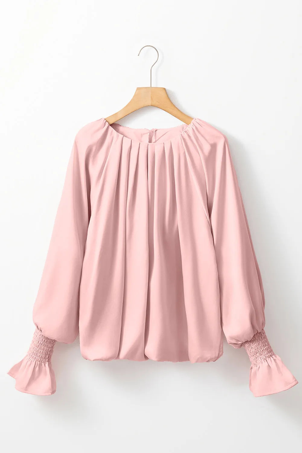 Tops/Blouses & Shirts Apricot Pink Pleated Round Neck Flounce Sleeve Satin Blouse