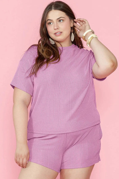 Plus Size/Plus Size Loungewear Phalaenopsis / 1X / 75%Polyester+20%Viscose+5%Elastane Phalaenopsis Ribbed Knit T Shirt and Shorts Plus Size Lounge Set