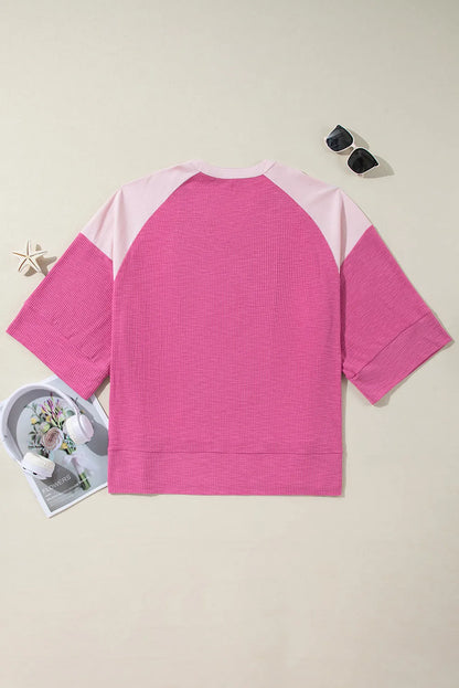 Bright Pink Textured Colorblock 3/4 Sleeve Oversize Top - Chic Meadow Boutique 