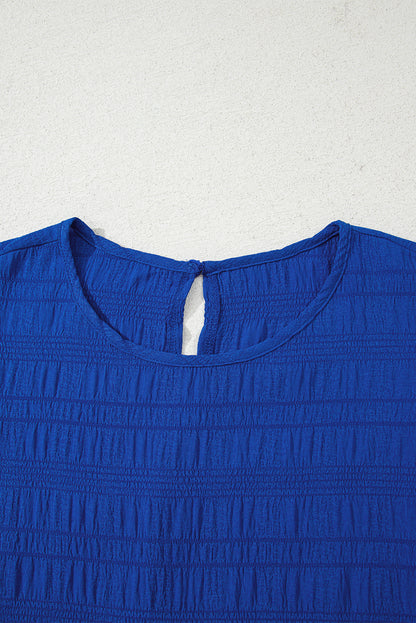 Dark Blue Textured Flutter Sleeve Ruffled Mini Dress