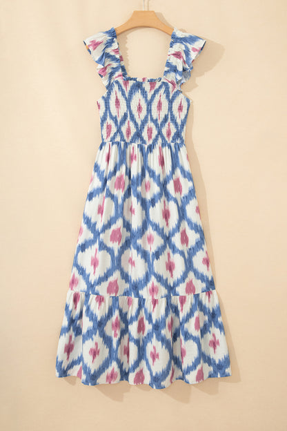 Sky Blue Ethnic Geometric Print Square Neck Smocked High Waist Ruffle Sleeve Dress