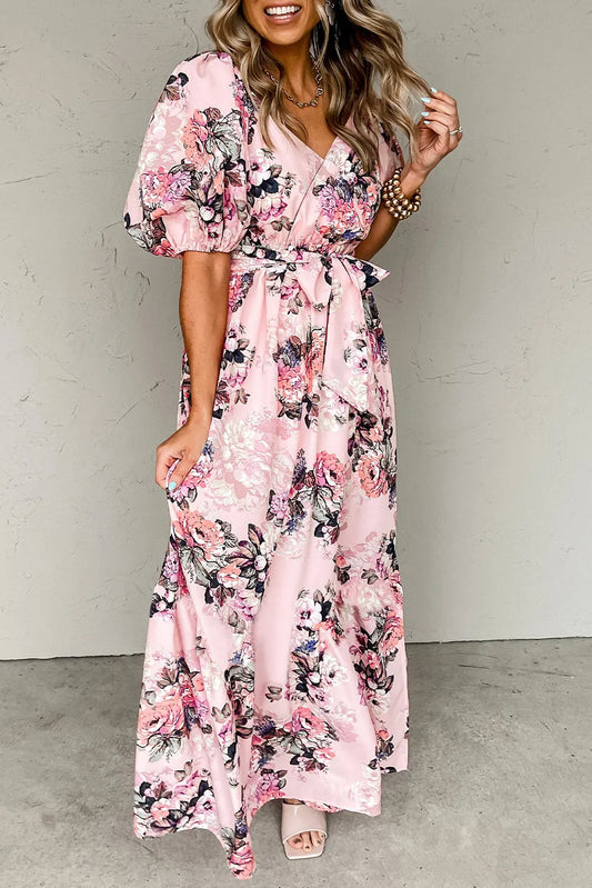 Pink Floral Puff Sleeve High Waist Maxi Dress - Chic Meadow Boutique 