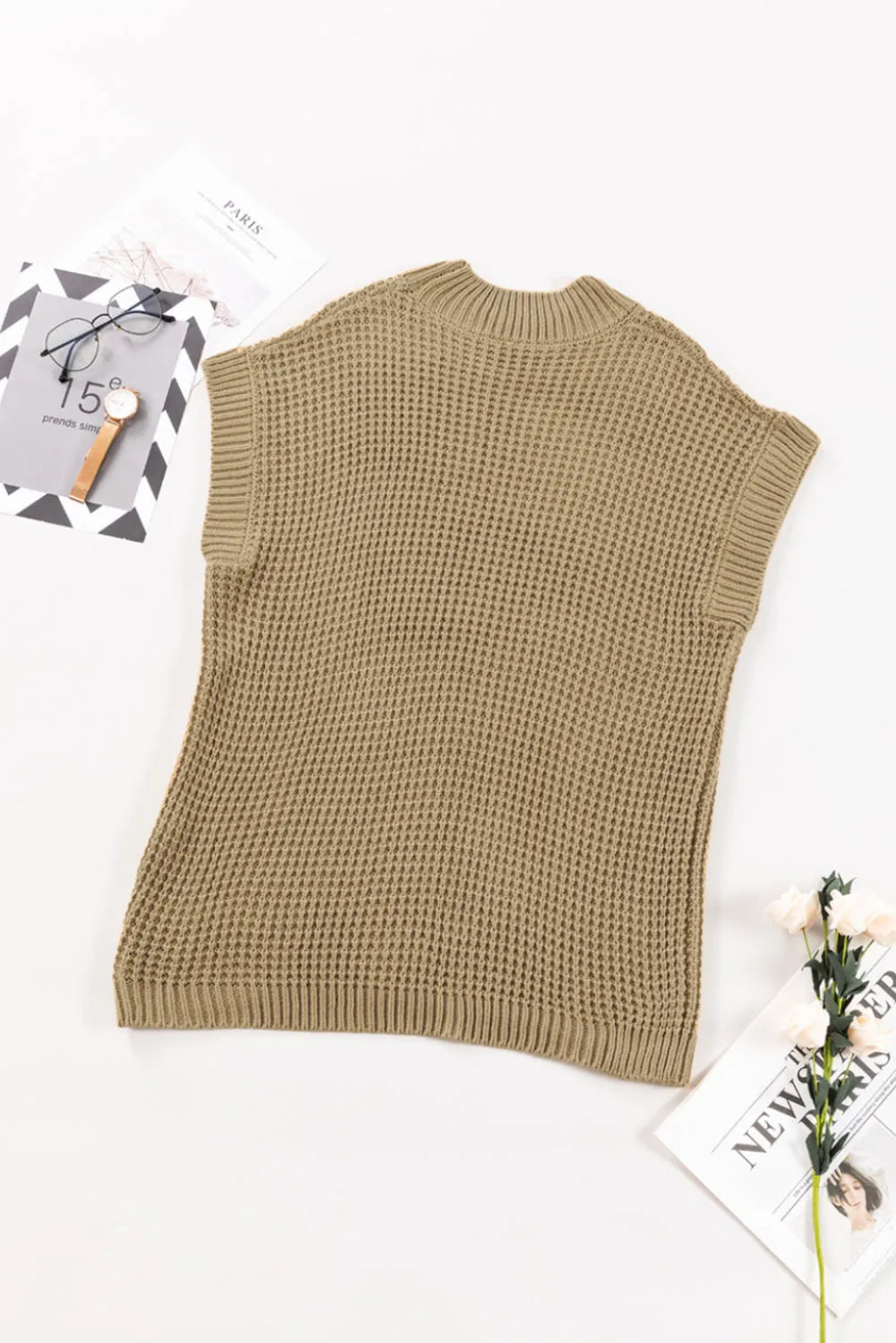 Tops/Sweaters & Cardigans Light French Beige High Neck Short Batwing Sleeve Textured Knit Sweater