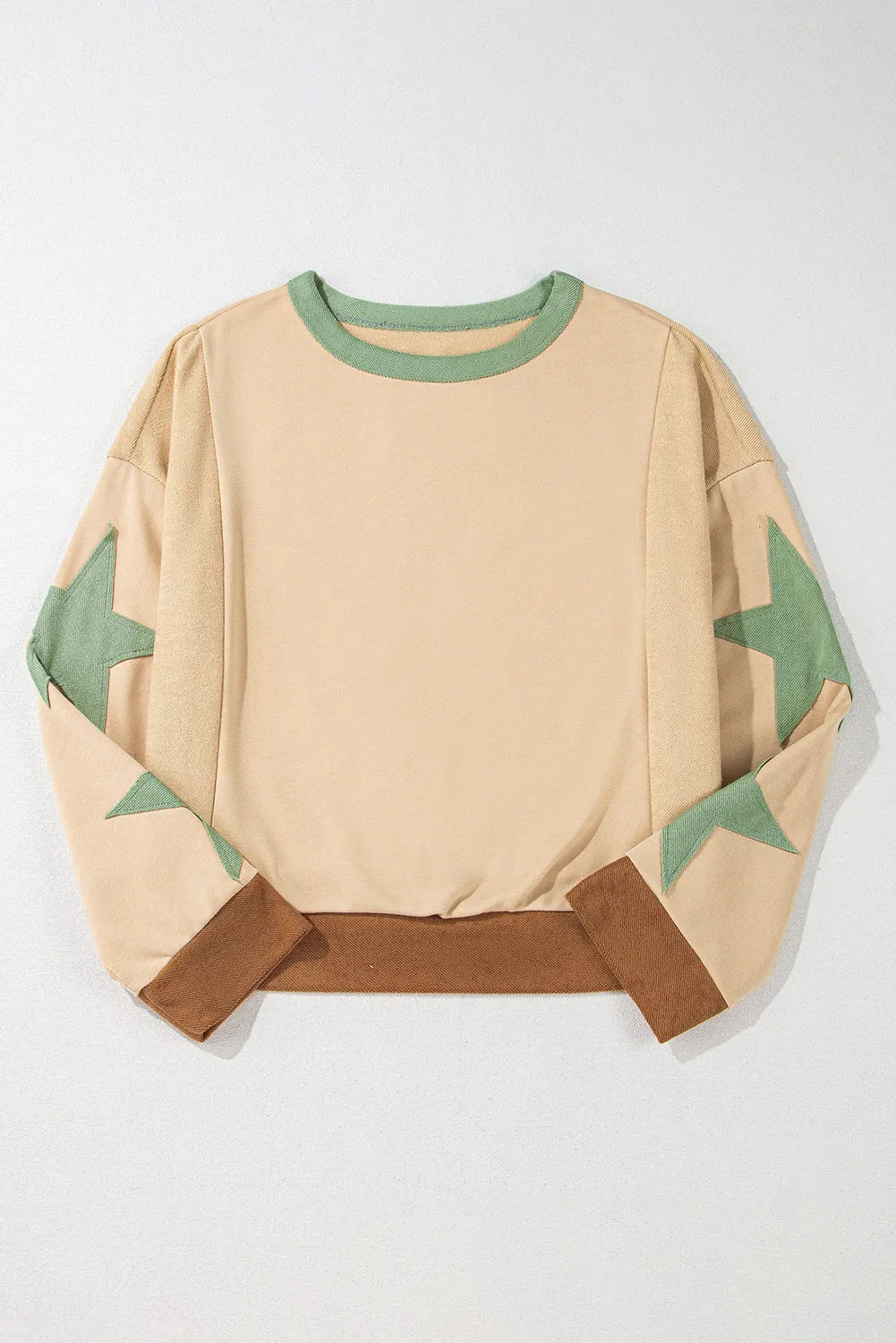 Parchment Star Patchwork Exposed Seam Oversized Sweatshirt - Chic Meadow Boutique 