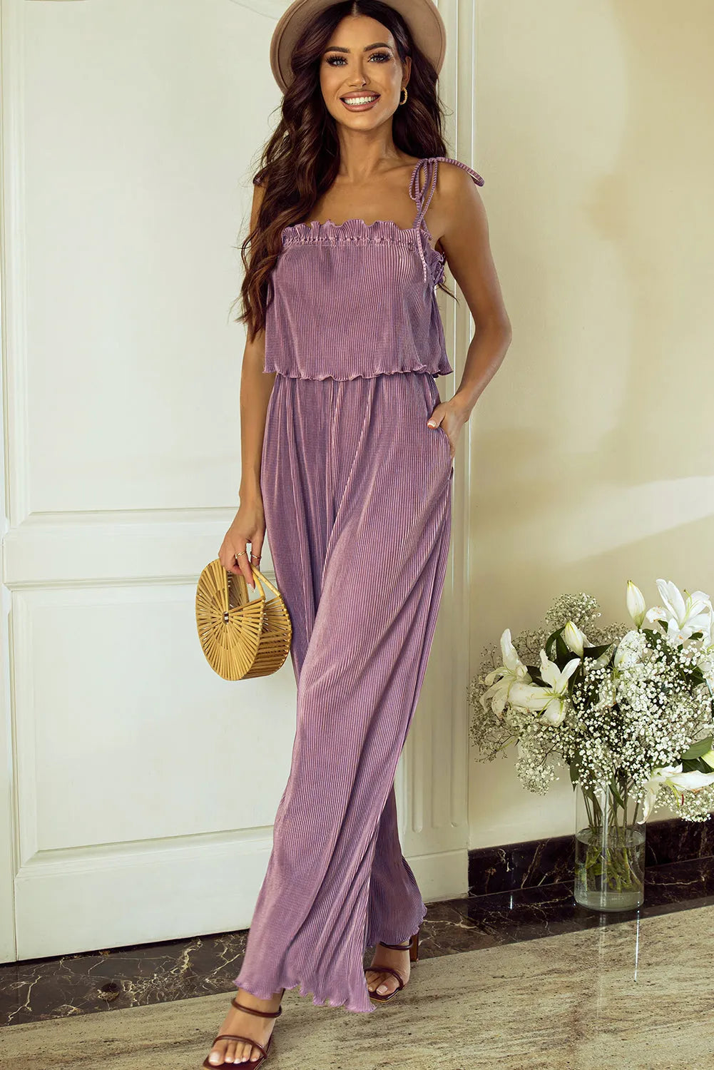 Rose Tan Solid Self Tied Straps Pleated Wide Leg Jumpsuit - Chic Meadow Boutique 