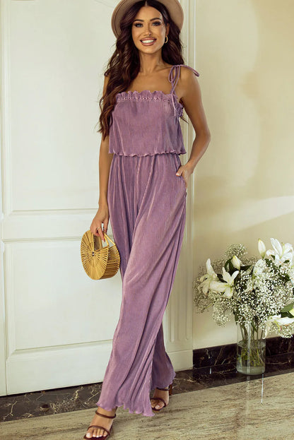 Rose Tan Solid Self Tied Straps Pleated Wide Leg Jumpsuit - Chic Meadow Boutique 