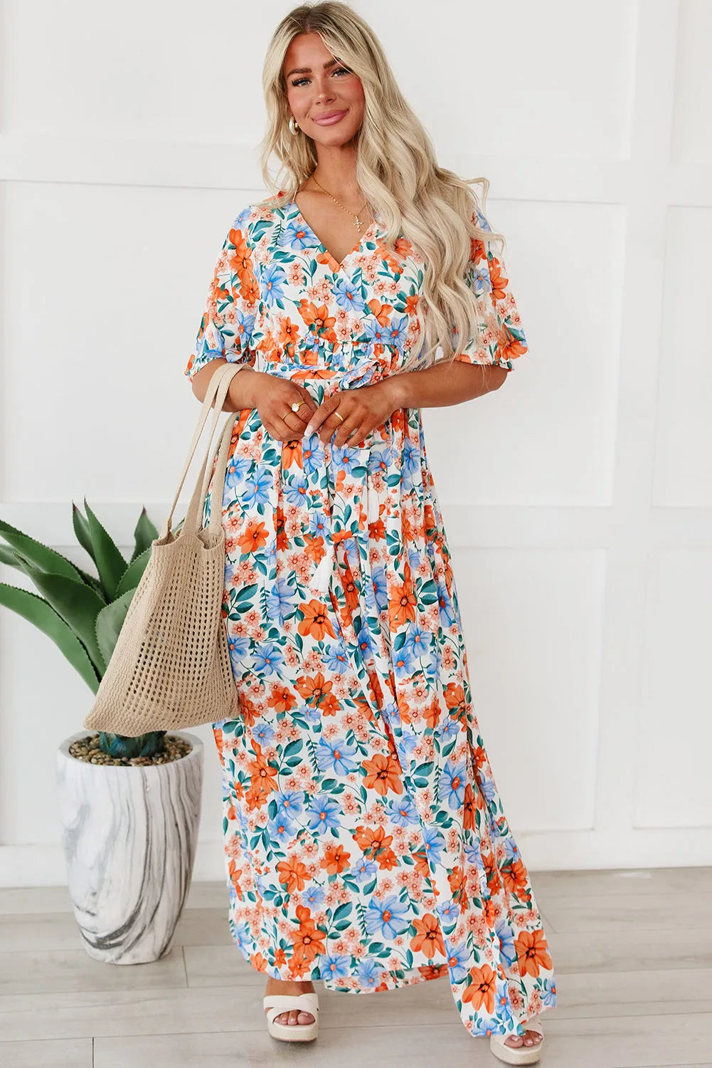 Sky Blue Floral Print Wrap Belted Maxi Dress - Chic Meadow Boutique 