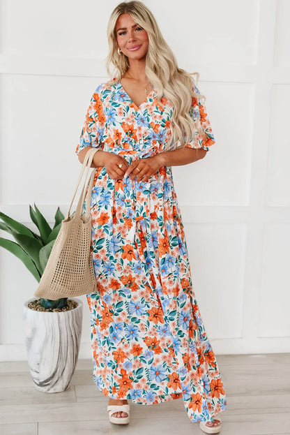 Sky Blue Floral Print Wrap Belted Maxi Dress - Chic Meadow Boutique 