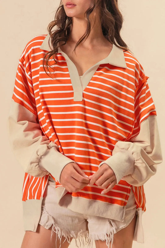 Orange Stripe Color Block Loose Fit Collared Drop Shoulder Sweatshirt - Chic Meadow Boutique 