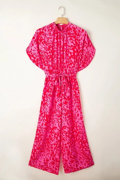 Rose Leopard Loose Sleeve Belted Wide Leg Jumpsuit - Chic Meadow Boutique 