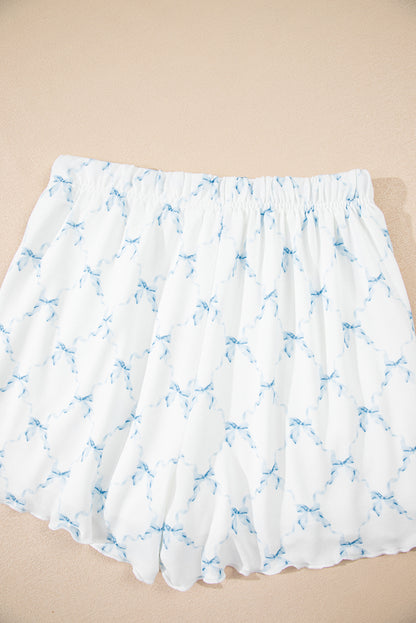 Sky Blue Bow Knot Geometric Print Lettuce Trim Two Piece Lounge Set