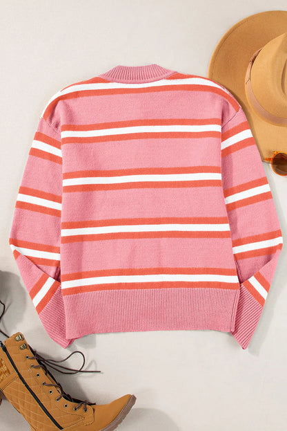 Pink Stripe Drop Shoulder Buttons Cardigan Sweater - Chic Meadow Boutique 