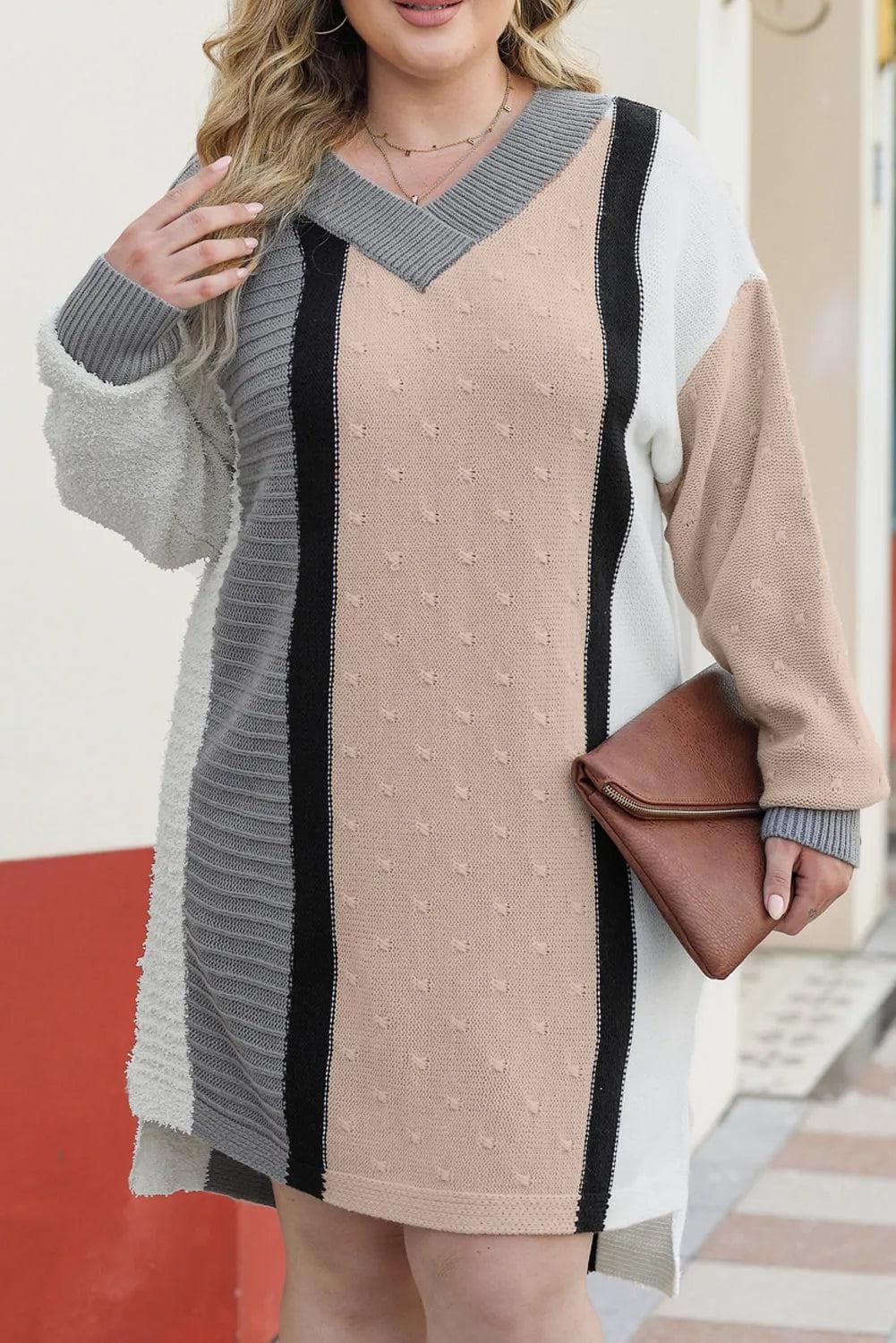 Plus Size/Plus Size Dresses/Plus Size Mini Dresses Apricot Mixed Boucl Color Block Plus Size Sweater Dress