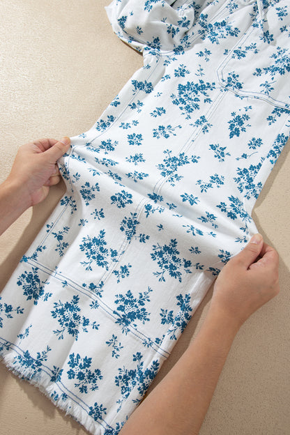Sky Blue Floral Print Tie Waist Straight Leg Jeans