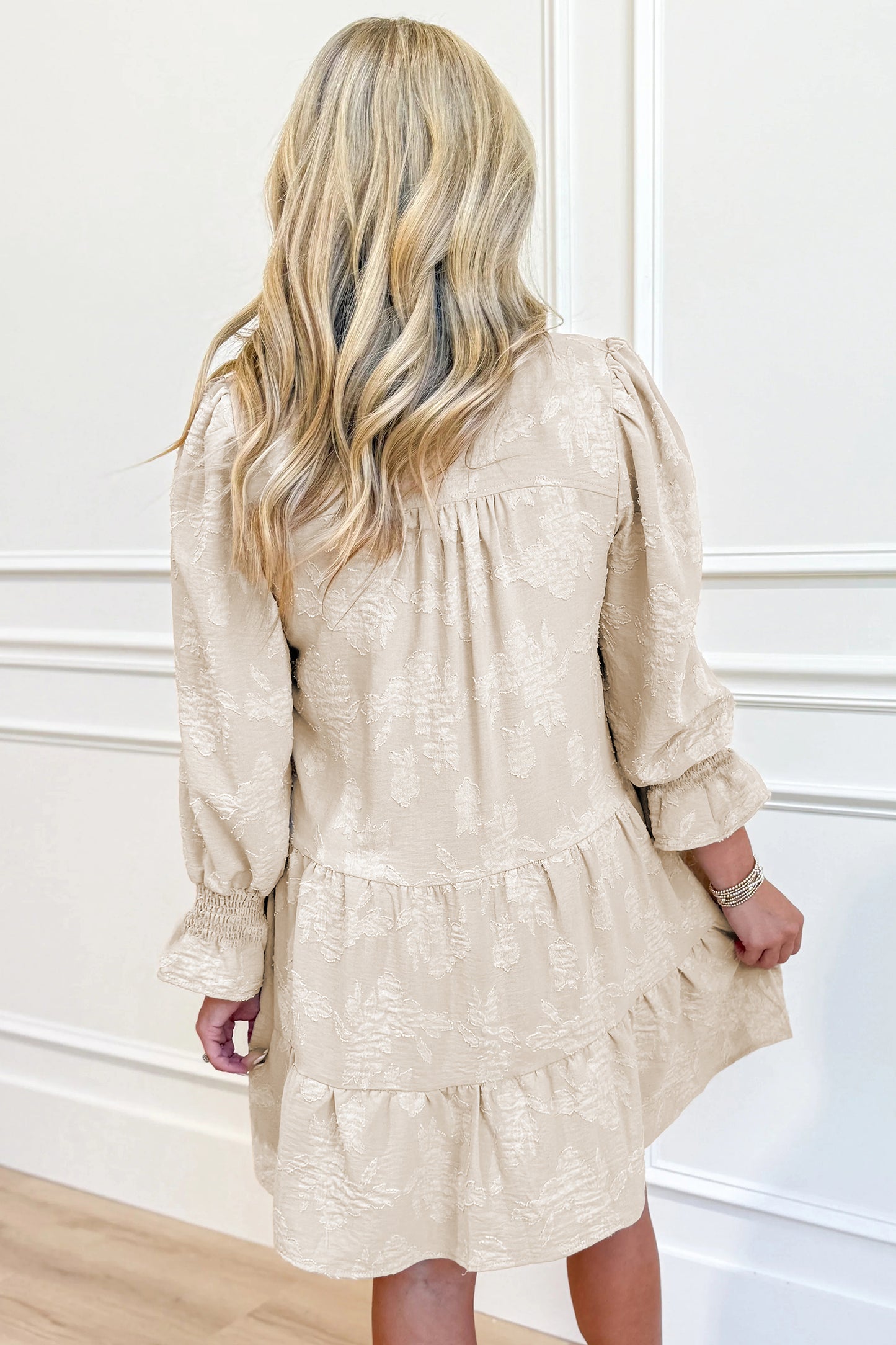Parchment Long Sleeve Notched Neck Jacquard Tiered Mini Dress