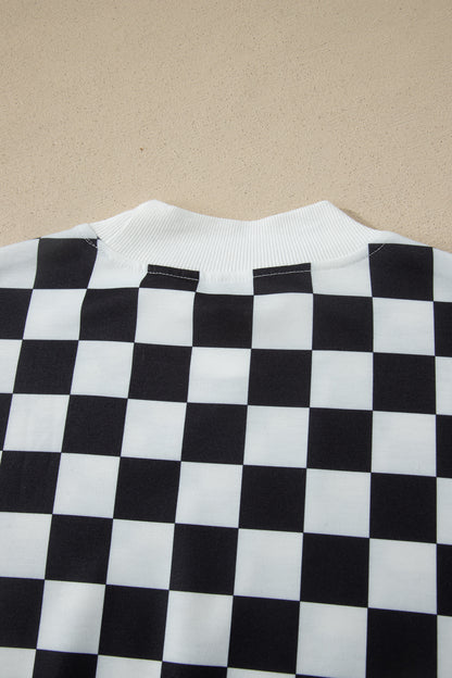 Black Checkered Print Color Block Trim Mock Neck Short Set