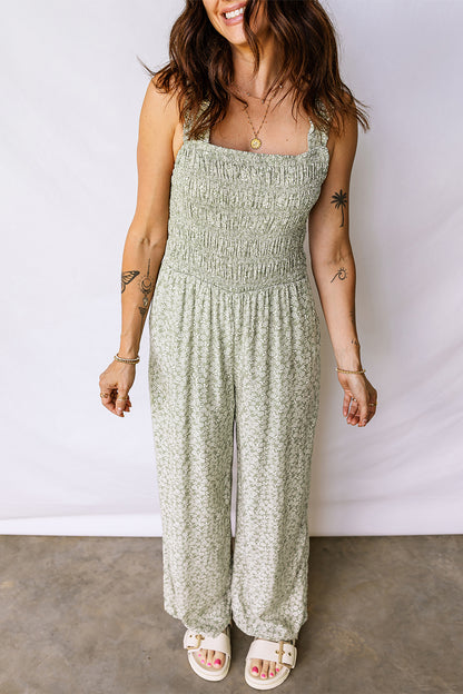 Green Smocked Bodice Square Neck Sleeveless Floral Jumpsuit