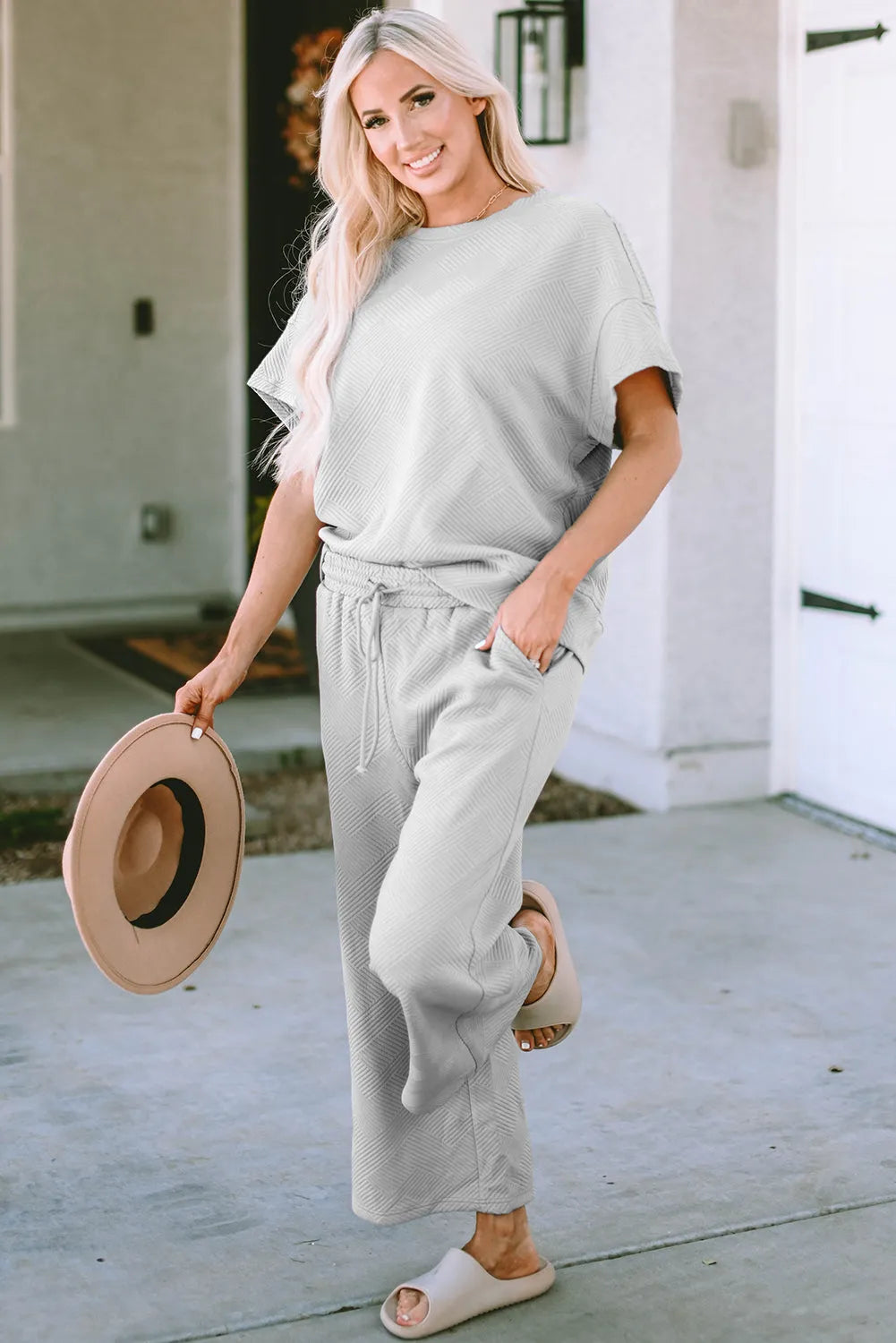 Gray Textured Loose Fit T Shirt and Drawstring Pants Set - Chic Meadow Boutique 