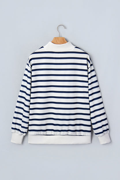 Blue Stripe Striped Stand Neck Long Sleeve Ribbed Cuff Hem Sweatshirt